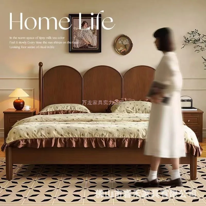 Retro French solid wood bed walnut American master bedroom double bed 1.51.8 modern minimalist antique bed and breakfast