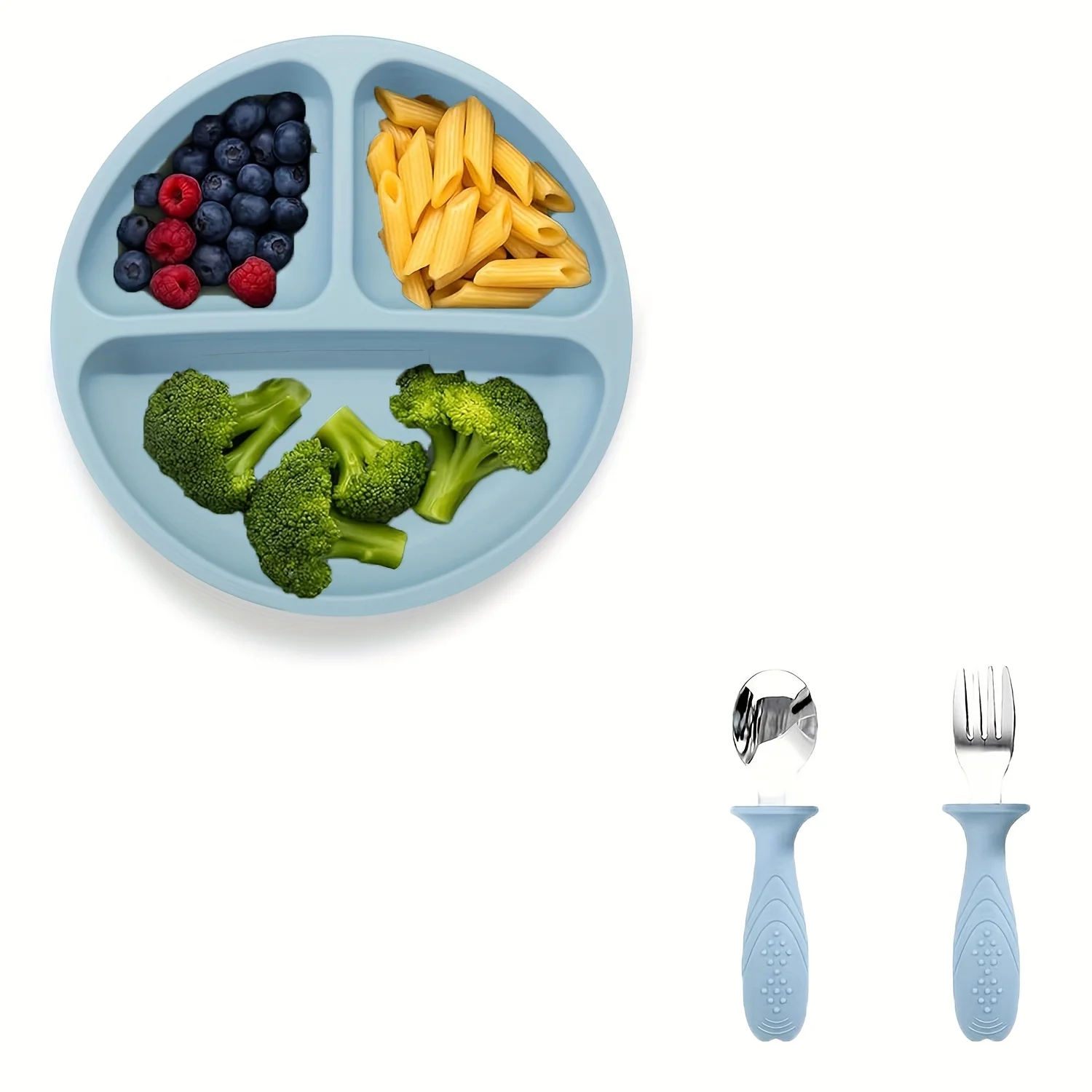 New 3-piece children's feeding tableware set, including silicone plate + stainless steel fork and spoon, Christmas gift