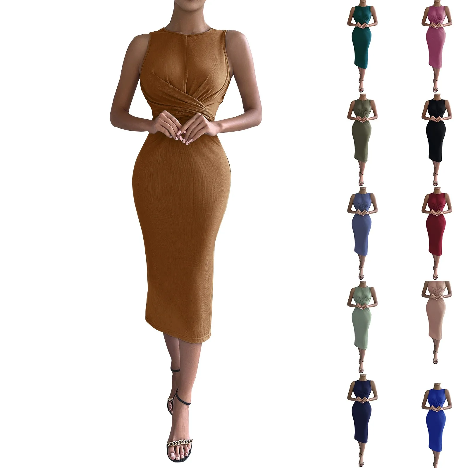 New Tank Dresses Women Spring Summer Waist Slimming Sexy Knitted Dress Trend Fashion Kink Folds Slim Fit Elegant Date Slit Dress