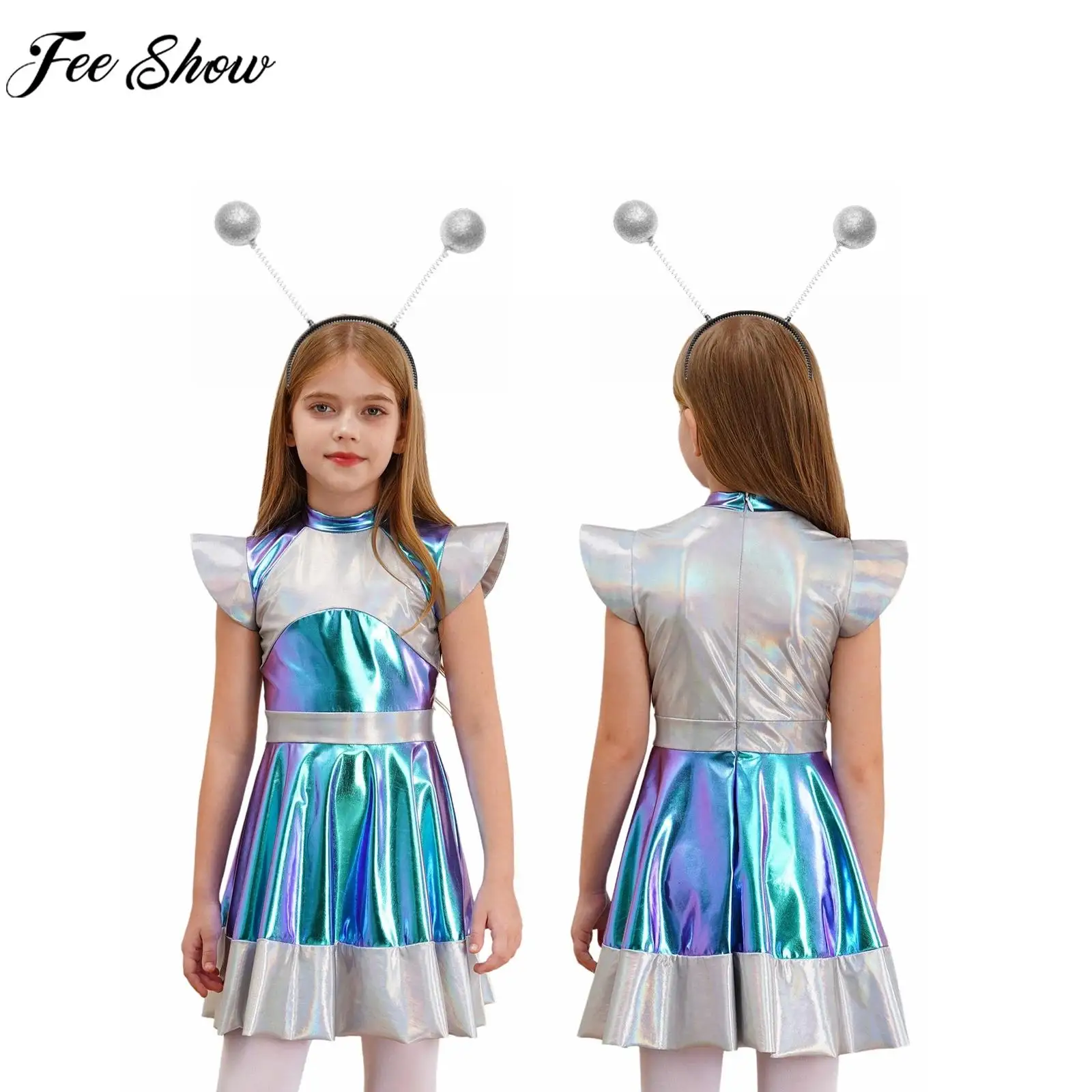 Children Girls Alien Robot Space Cadet Astronaut Cosplay Dress Metallic Shiny Dresses Halloween Theme Party Carnival Costume