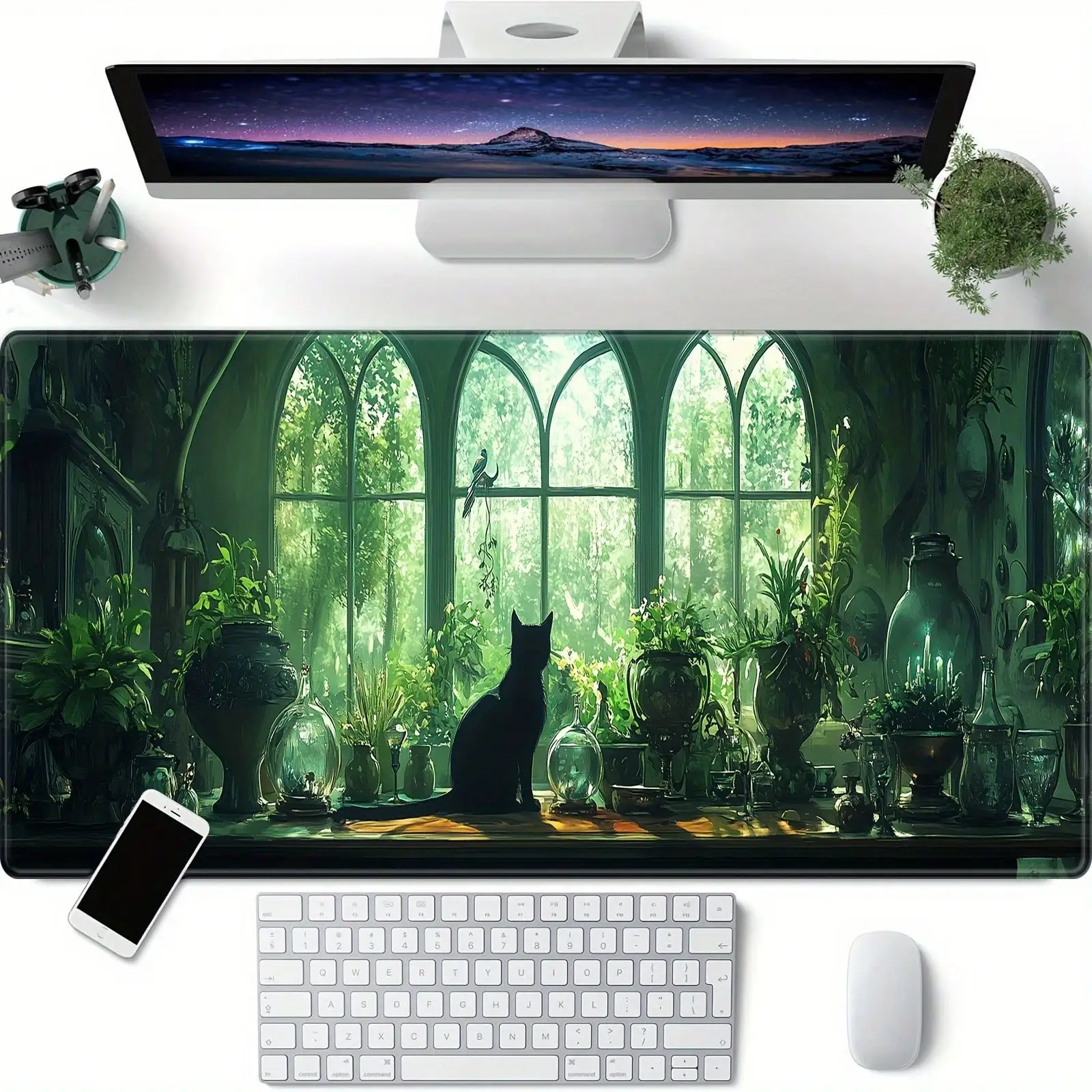 Extra-Large Desktop Mat Decorated With A Playful Black Cat Andgreen Plants | 90cm X 40cm Extended Mouse Pad With Cute Anime Style And Natural Rubber Base