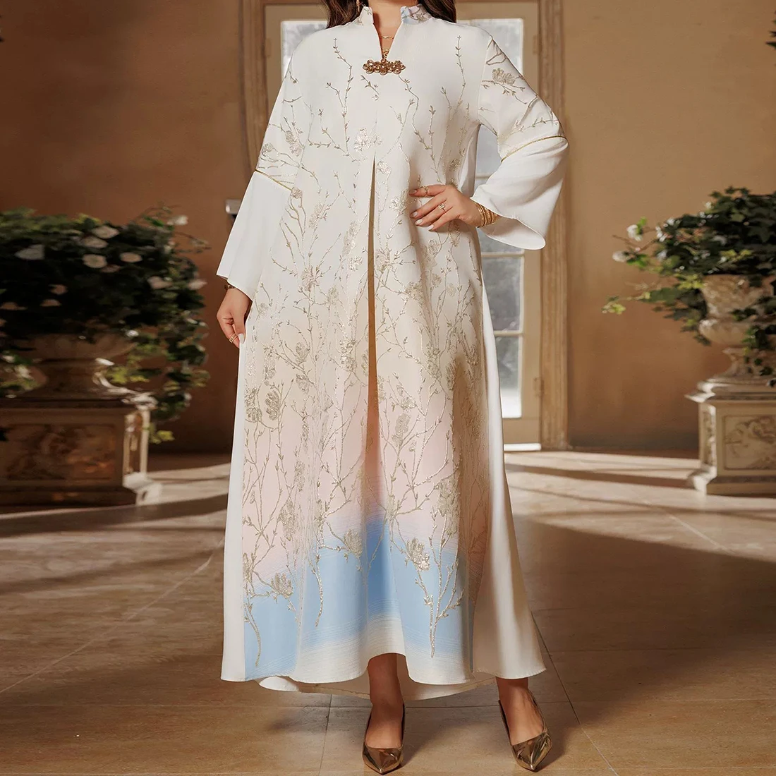 

Middle East Arab Dubai Muslim dress fashionable high-end jacquard fabric embroidered gradient robe-GZXX518