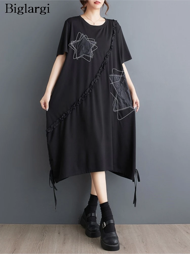 

Oversized Summer Midi Dress Women Embroidery Fashion Loose Ruffle Pleated Ladies Dresses Short Sleeve Casual Woman Dress