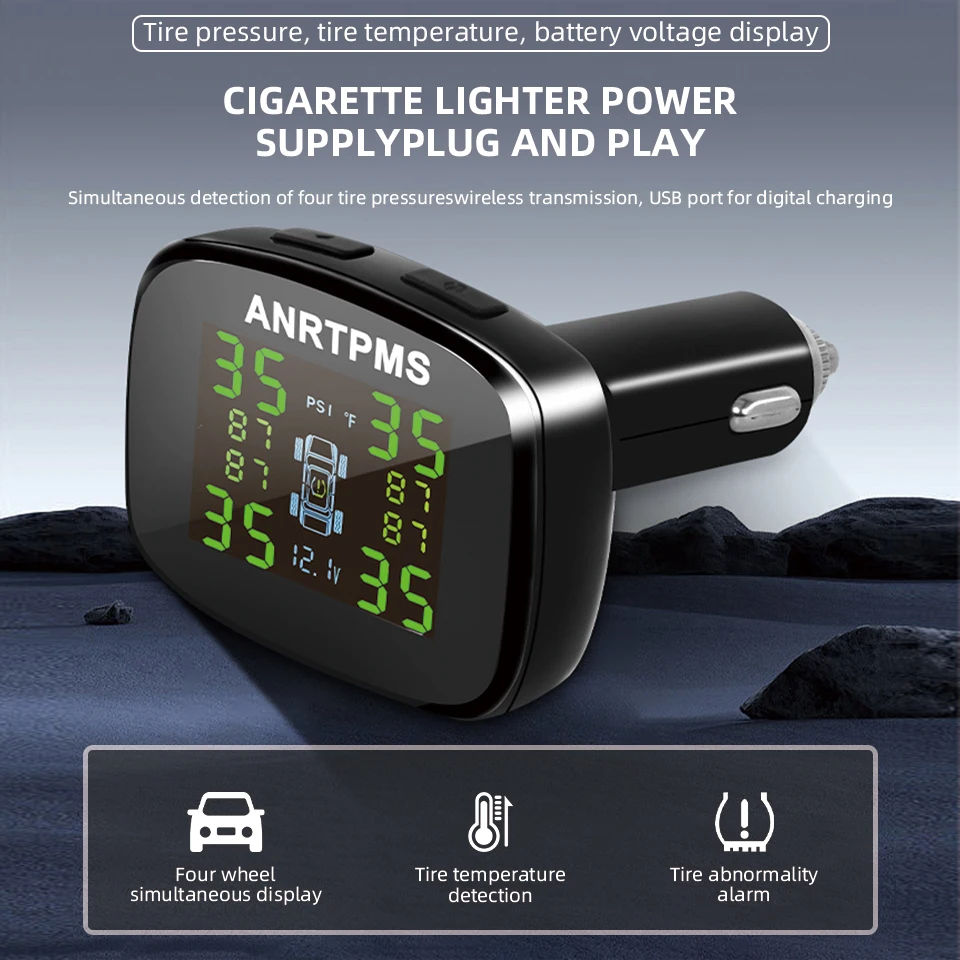 ACCEO TPMS Tire Pressure Monitoring System with Internal External Sensors 4 Sensors Cigarette Lighter Power Auto Security Alarm
