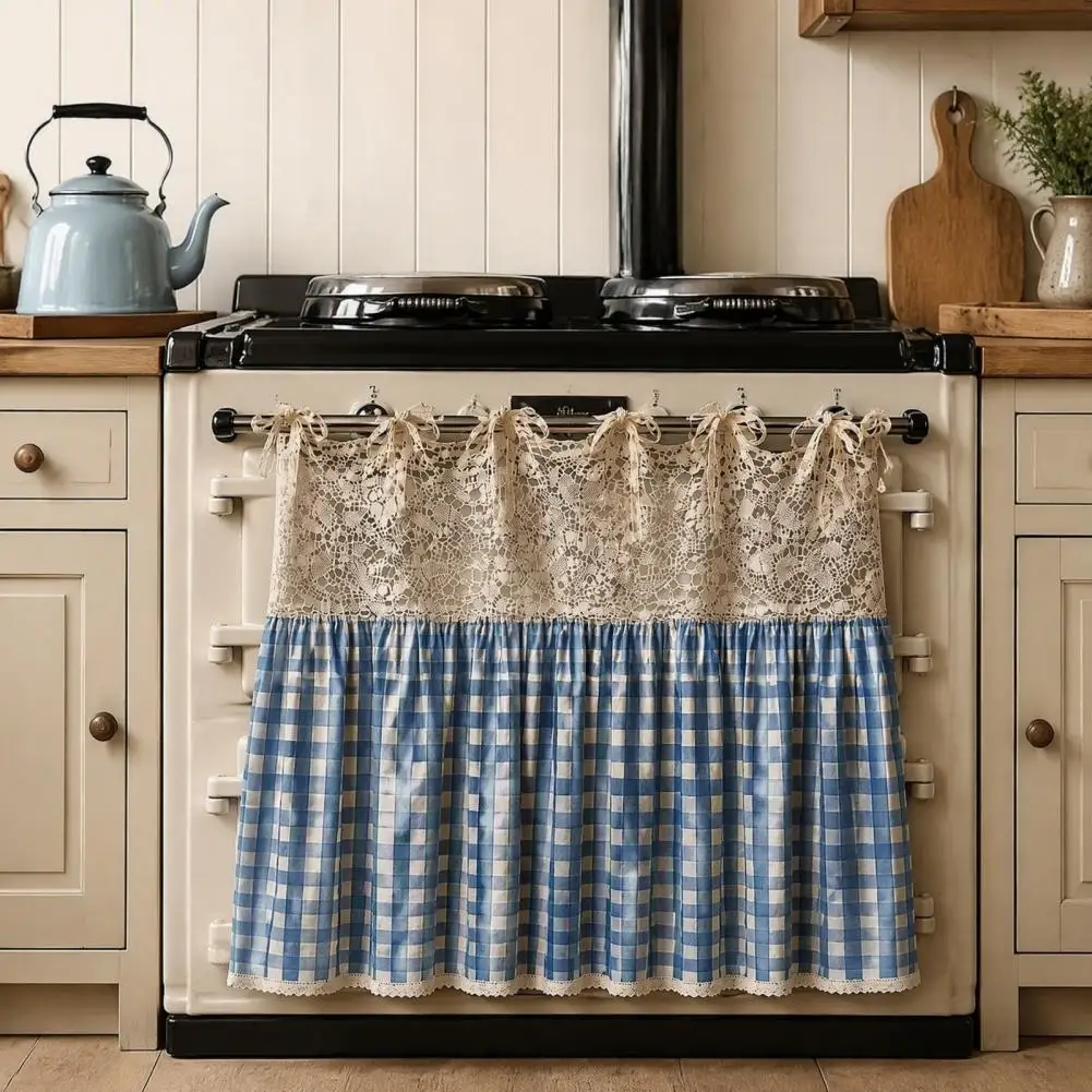 Kitchen Oven Handle Cover Hollow Lace Kitchen Ornament Farmhouse Stove Skirt with Plaid Crochet Lace Cotton Blend Oven Curtain