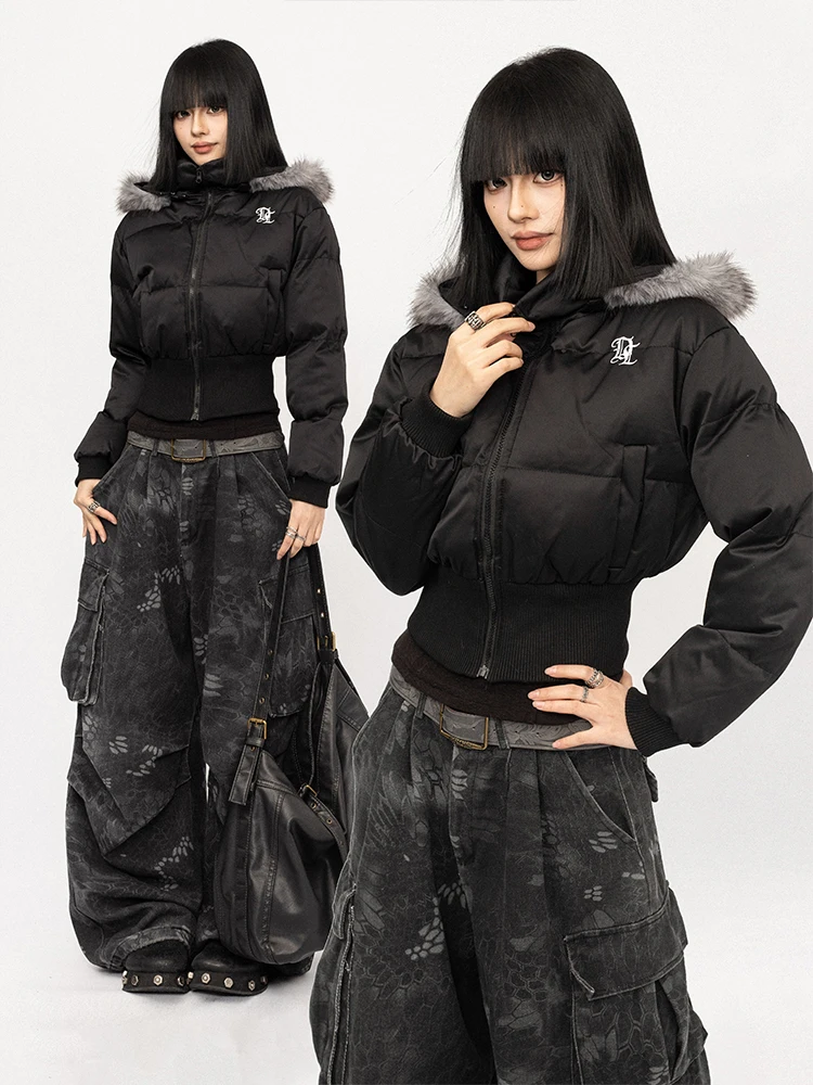 

OCTTFLAB American Retro Bla ort Cotton Jaet Women's Hooded Fur Collar Waist-Cinching Warm Thiened Bread Coat Outerwear