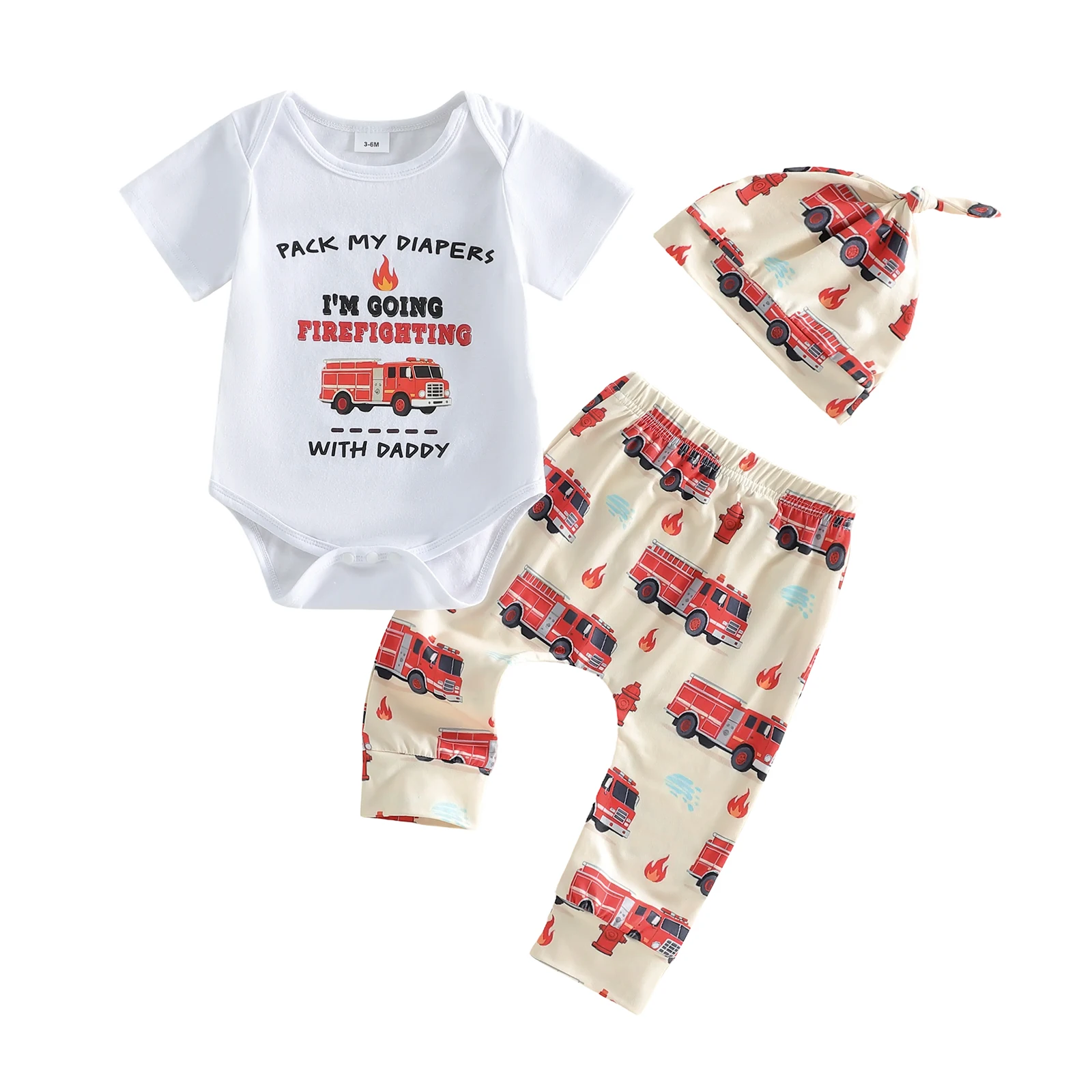 

Комплект из 3 предметов для маленьких мальчиков: комбинезон с длинными рукавами, брюки с принтом пожарной машины, шапка, одежда для новорожденных