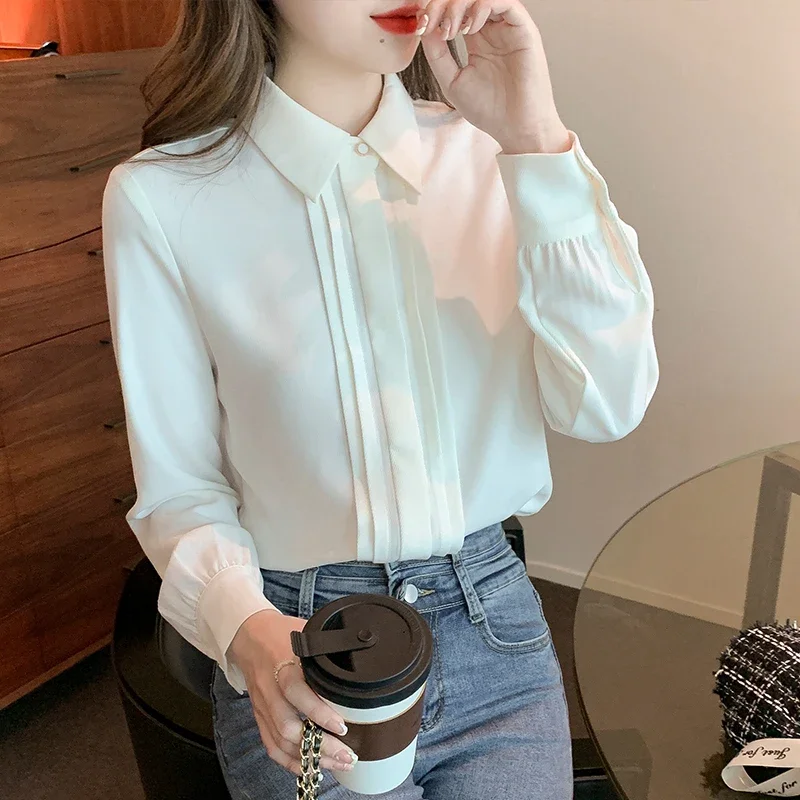 Office Lady White Women\'s Shirts Fashion Chiffon Long-sleeve Blouse Elegant Patchwork Button-up Shirt Basic Tops Women Clothing