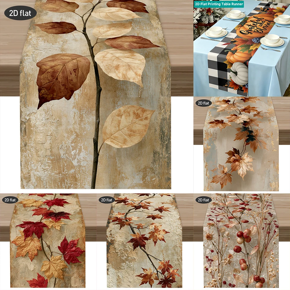 1pc  Fall Rustic 2D Flat Printed Table Runner Vintage Autumn Leaves & Botanical Harvest Theme Table Decor for Dining Table