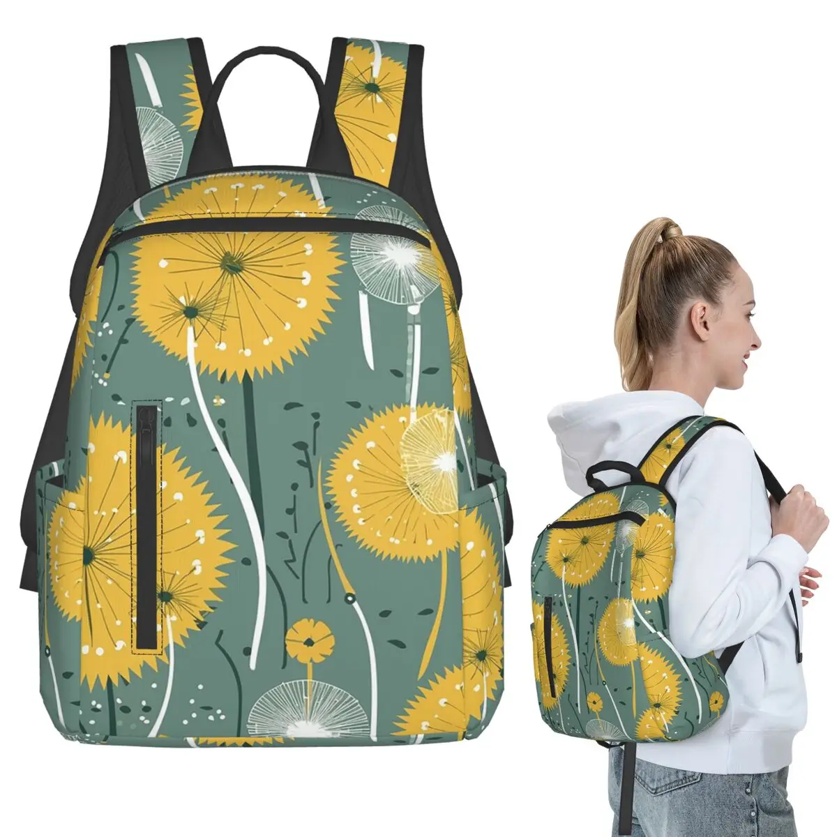 Floral And Dandelion Light Green Pattern Backpack Student BookBag Kids School Bag Laptop Shoulder Bags Boys Girls
