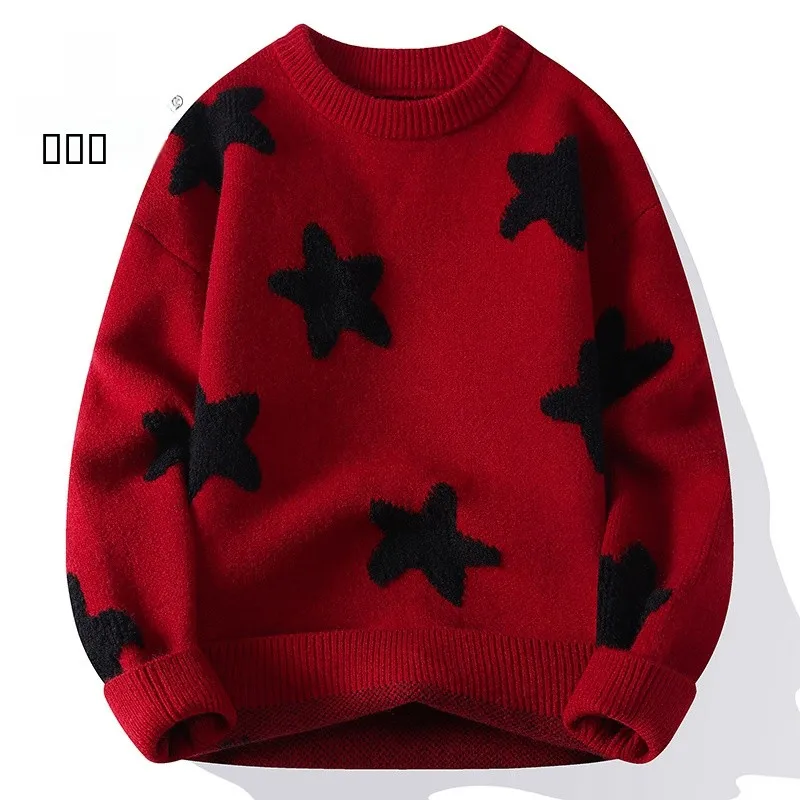 

Утепленный зимний вязаный свитер с круглым вырезом для подростков и мужчин, красный, с пятиконечной звездой, свободного кроя, теплый базовый слой