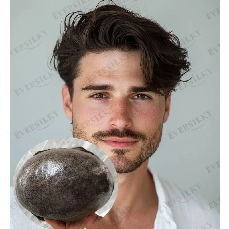 غير قابل للاكتشاف بني داكن نفاث شعر بشري أسود نظام شعري 6 بوصة طويلة سوبر متموجة الرجال السيليكون الشعر المستعار قاعدة الجلد البولي