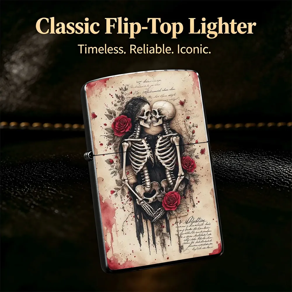 Pocket Lighter, Flip Top Windproof, Skeleton Couple with Roses Print, Metal Case, Comfortable Grip, Refillable, Portable Retro Style