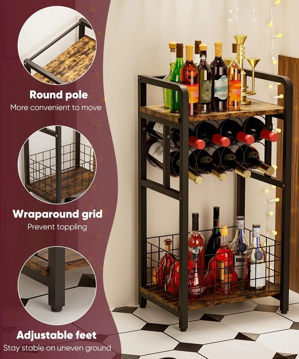 3-Tier Freestanding Wine Rack with Wood Top, Corner Bar Table for Kitchen Living Room, Black Metal Storage