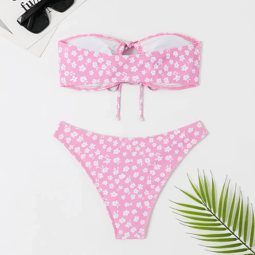 Sexy Floral Print Bandeau Swimwear Micro Thong Bikinis Set String Lace-up Swimsuit Women Bathing Suit Hollow Out Bather Biquinis