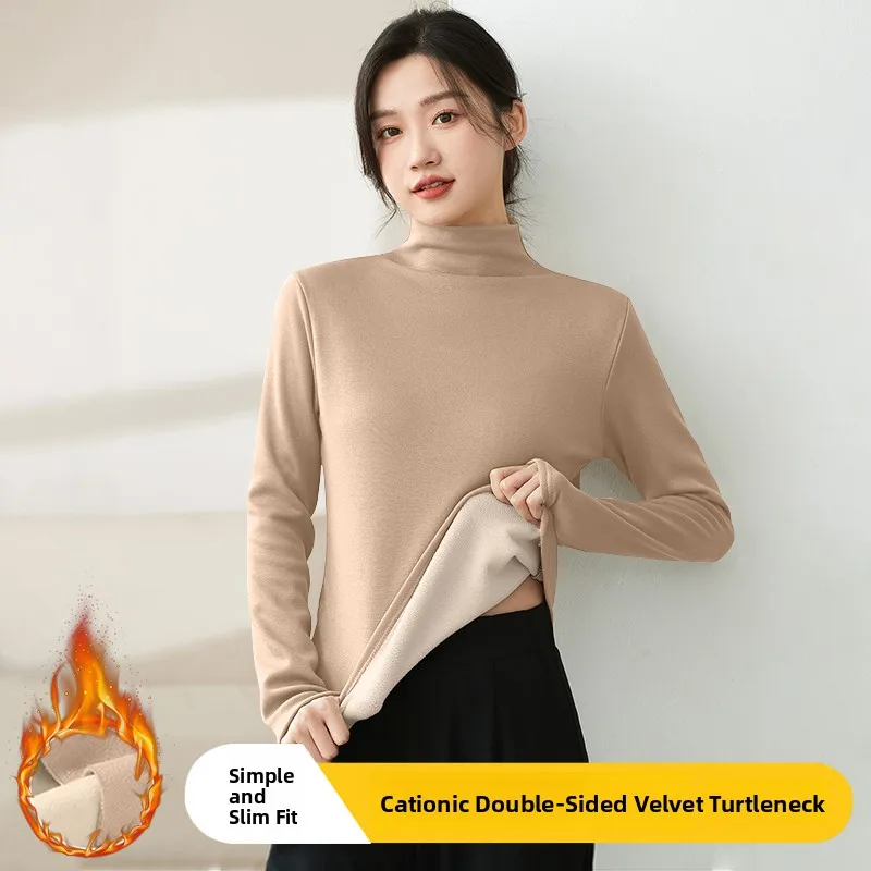 ionic Velvet f High Collar Fce Gefüttertes Damen Base irt Trendy Herbst Winter Thiened Long Sve Color Top