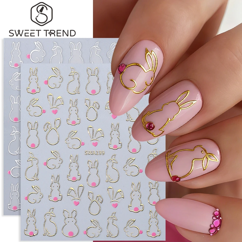 2 peças de Adesivos de Unha de Páscoa com Estampa a Quente Dourada/Prateada, Coelhinho Fofo e Coração Rosa, Decalques Autoadesivos para Unhas, Decoração DIY para Manicure de Primavera