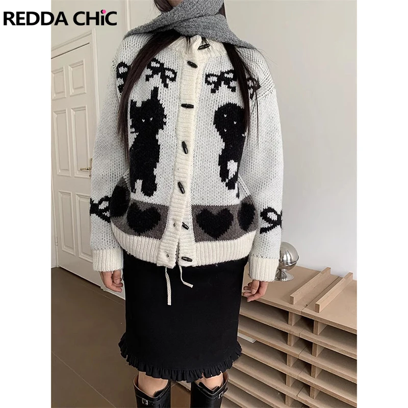 ReddaChic Cute Ribbon Horn Button Down Knit Jacket Women Cat Crocheted Bow Long Sleeves Cardigan Sweater Mori Casual Outerwear