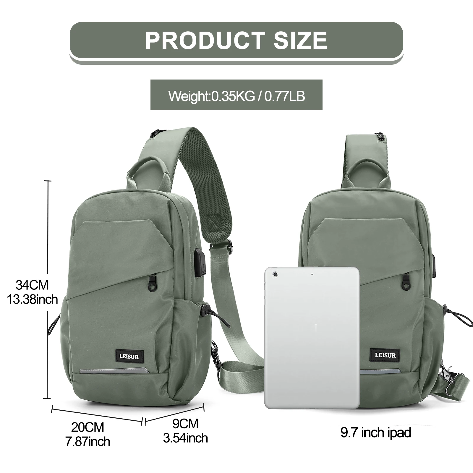 حقيبة صدر للرجال ، حقيبة كتف ، ركوب الدراجات في الهواء الطلق ، حقيبة كتف واحد ، حقيبة ظهر ذات سعة كبيرة مع USB ، مضادة للرش ، عصرية