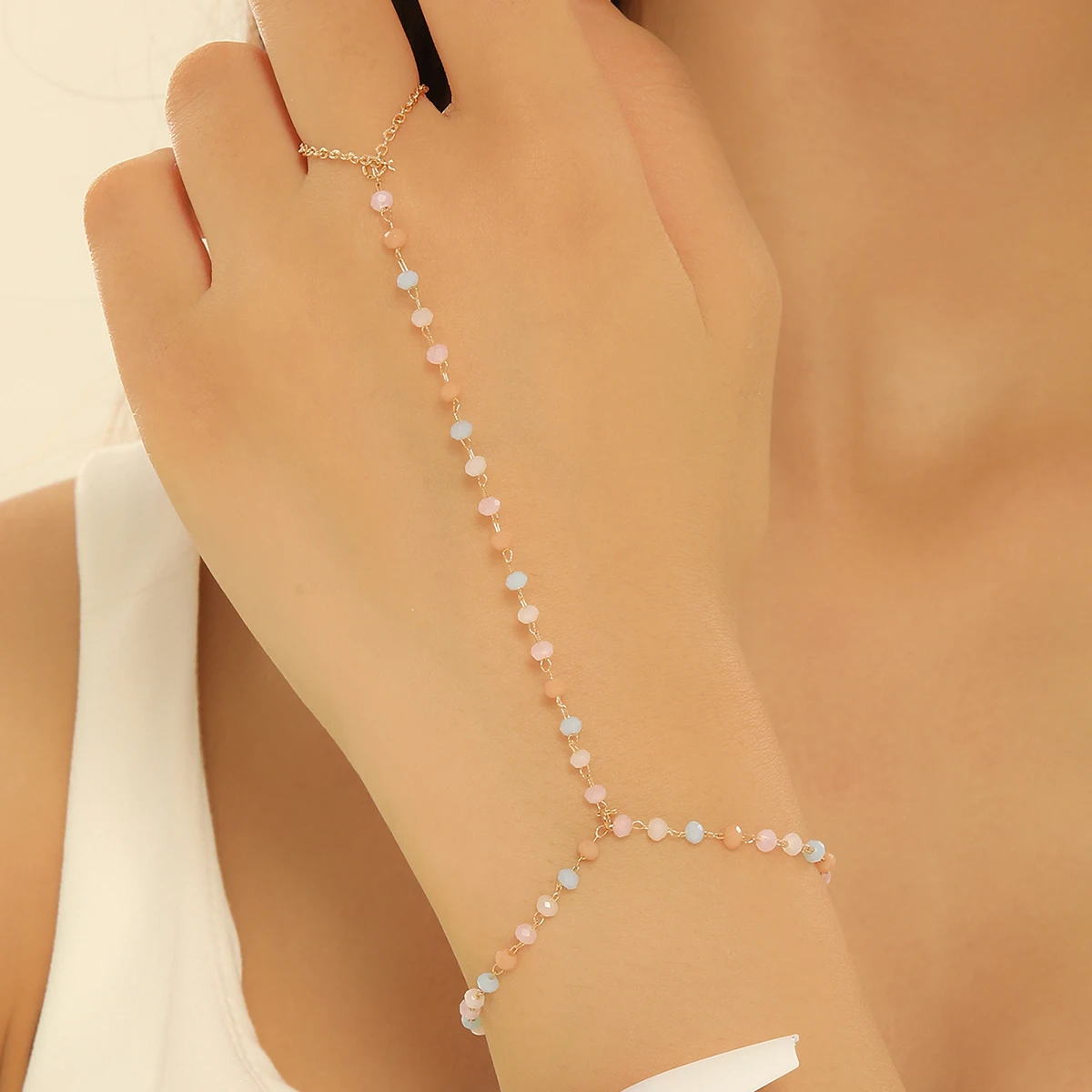 Kinitial Colorful Beads Hand Chain Slave Bracelets For Women Girls Stainless Steel Finger Ring Boho Jewelry Birthday Party Gift