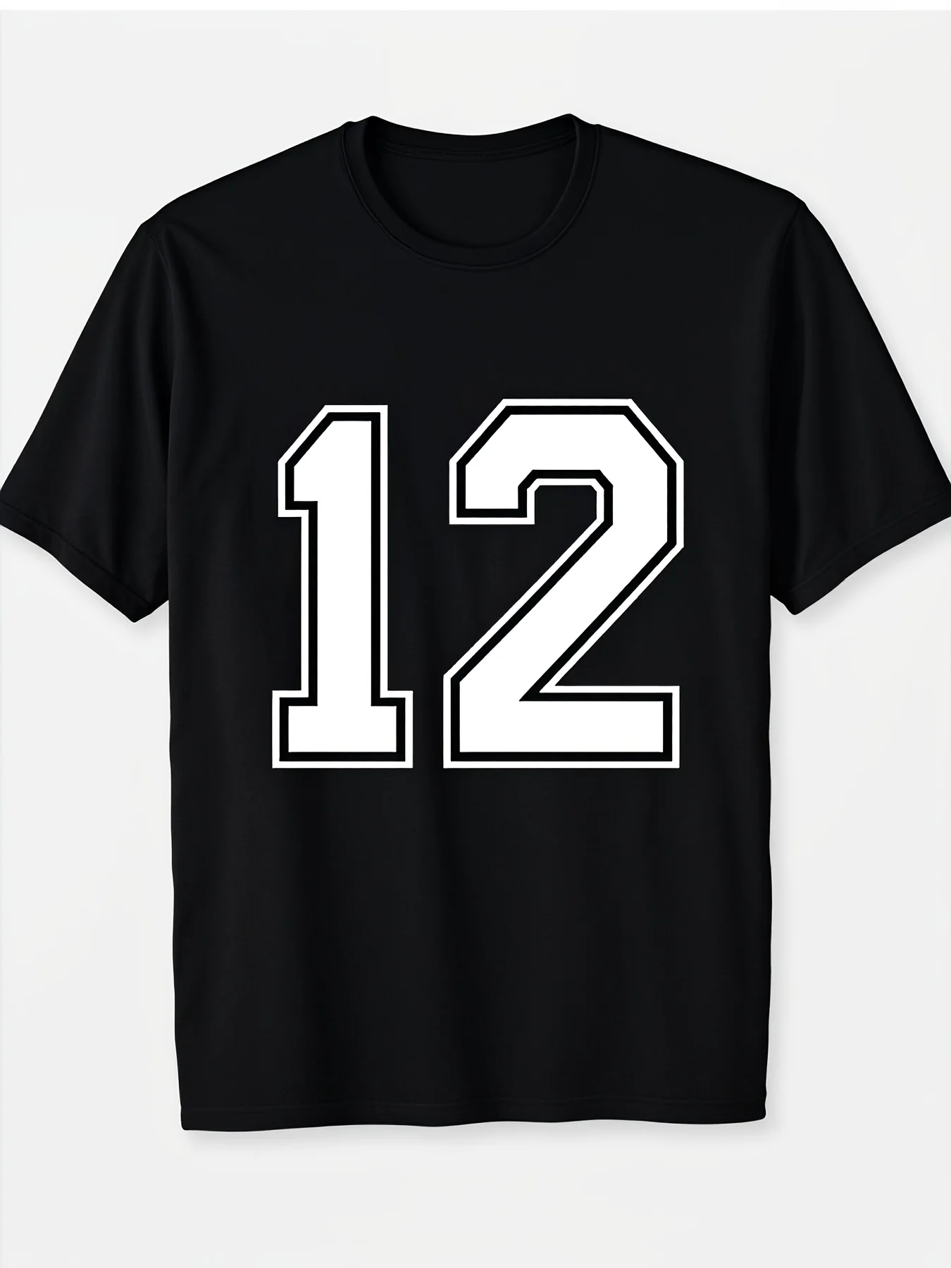 Men's No. 12 Team Sports Print College Style T-Shirt, No. 12 Print, Black Single-Sided, Short-Sleeved Round-Neck Casual Sports T-Shirt, Suitable for Sports Events, Team Uniforms, Daily Wear (Sxx2) Lightweight and Comfortable Fabric, Suitable for All Seasons, Including Outdoor Sports, Fitness, Running, and Everyday Wear