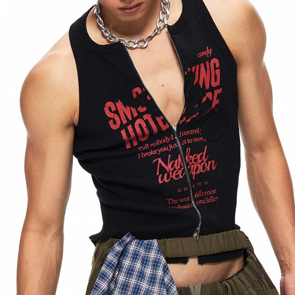 Mens Letter Print Zipper Casual Vest Summer Streetwear Fashion Tight Fit Niche Youth Hip Hop Tank Top Men'S Clothing 2026 New
