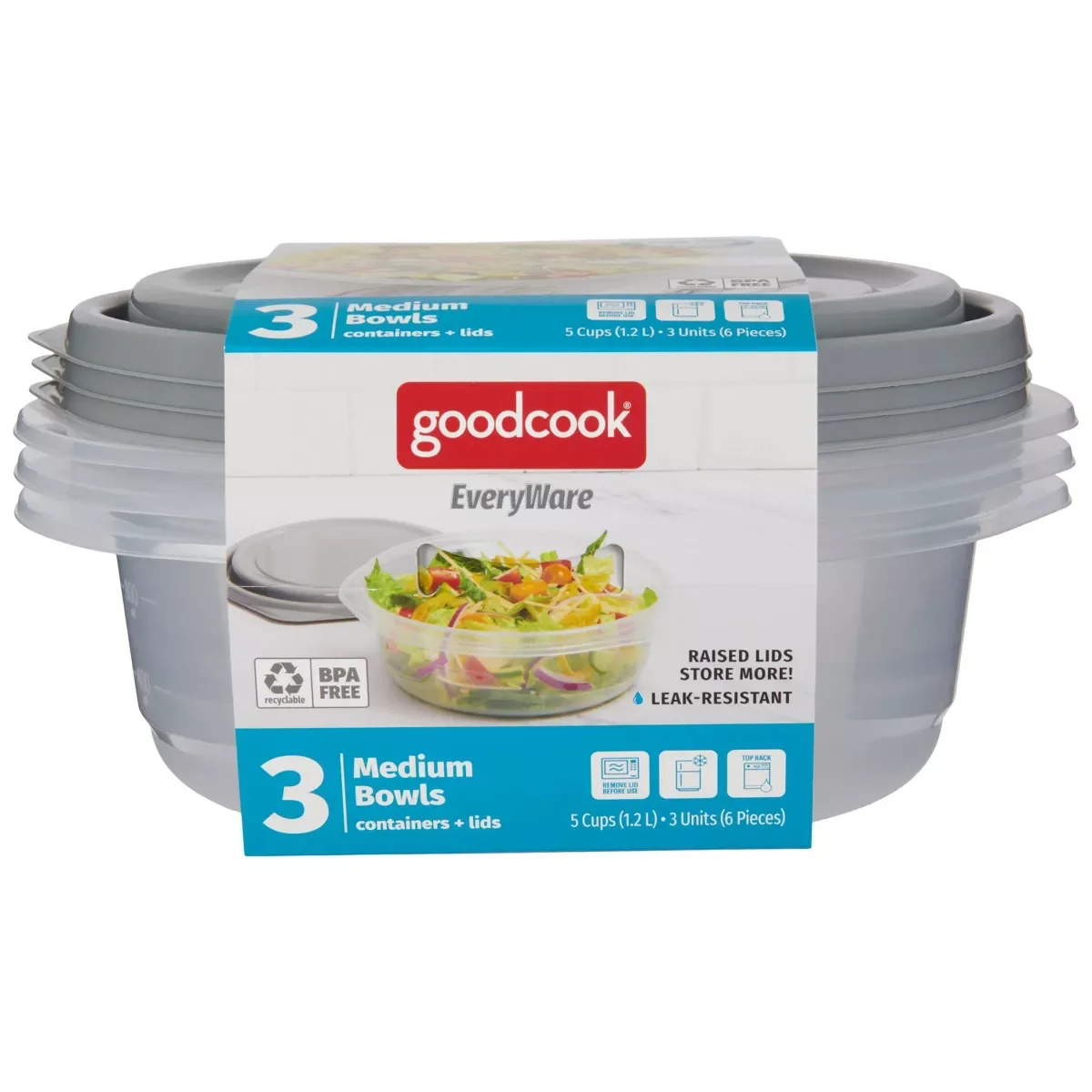 

EveryWare Round Bowls Food Storage Containers - 5 Cups - 6pcs/3ct - Gray: Leak-Resistant, Plastic Container