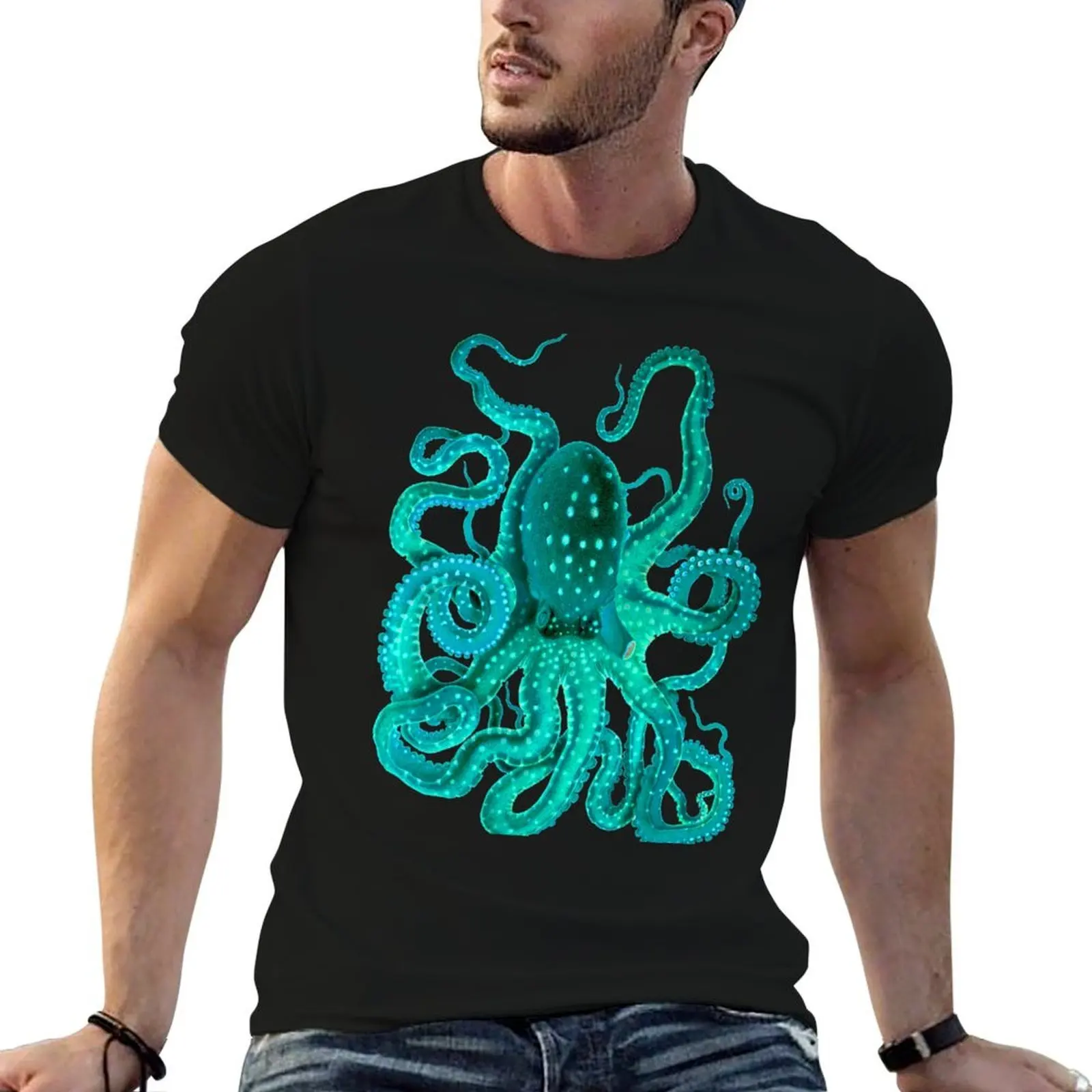 Turquoise Octopus Too T-Shirt Fashion Pattern Printed Tee Shirt