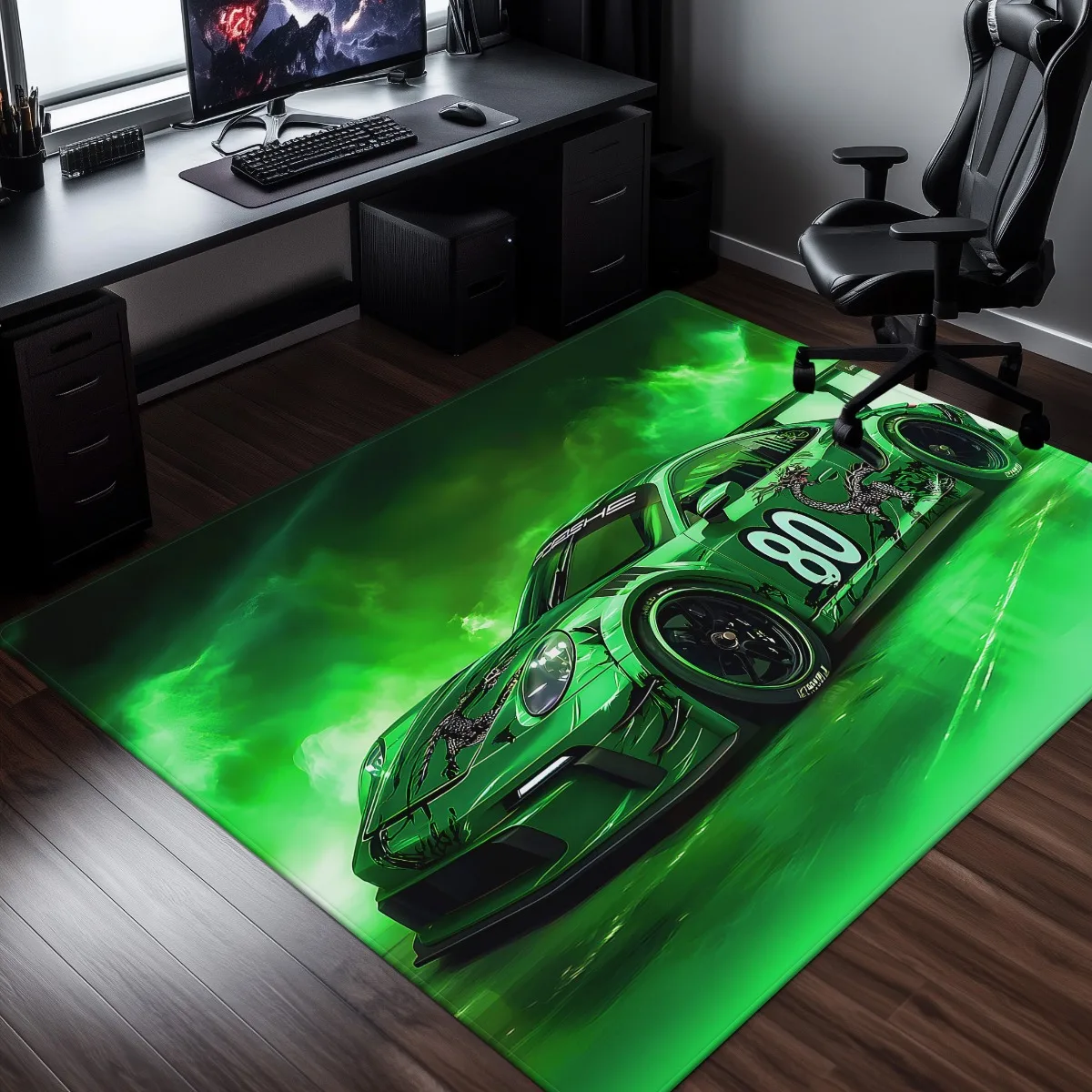 Green Racing Car Doormat - High-Speed Sports Auto Rug, Abstract Motion Floor Mat, Non-Slip, Multiple Sizes