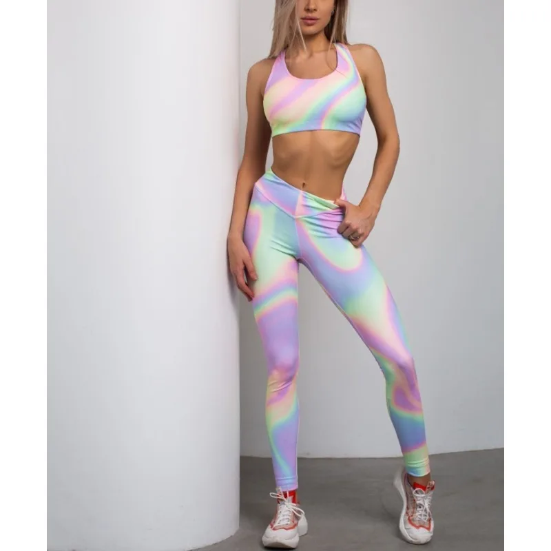 Krisnanas Rainbow Gradient Colors Pant Sets Yoga Suit Fitness Training Short Tank Tops Skinny High Elastic Long Trousers 88893