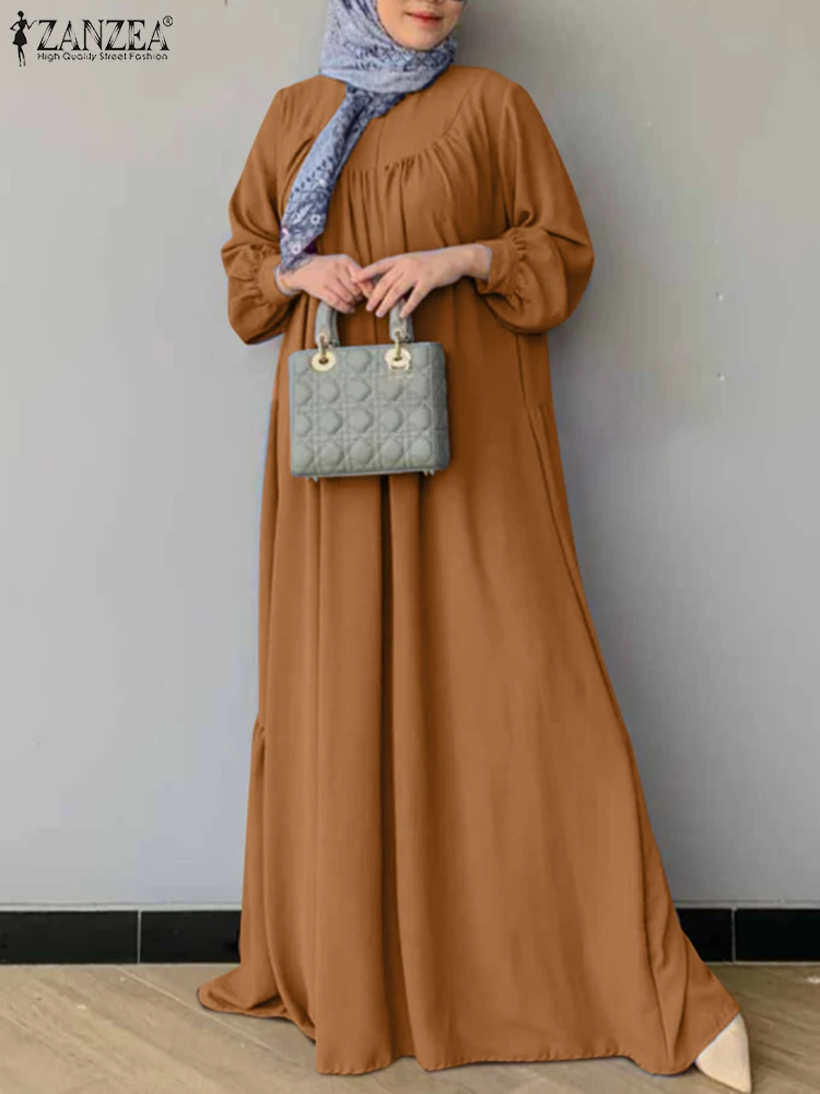 

ZANZEA Woman Fashion Muslim Dress Casual Abayas Vestidos Long Sleeve O-Neck Maxi Robe Elegant Party Layered Sundress Oversized