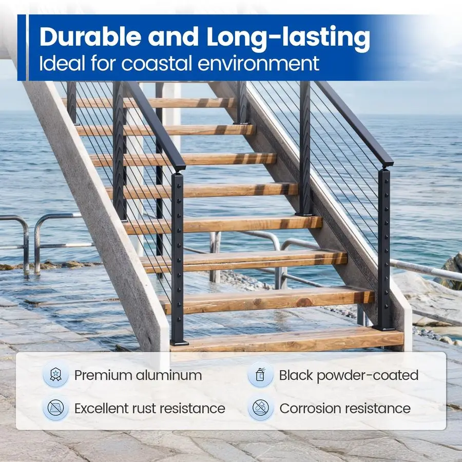 Aluminum Black Stair Cable Railing Post 36 Inch for 2535 Degrees Stair 36X2x2 Surface Mount Cable Railing System Kit Indoor Outd