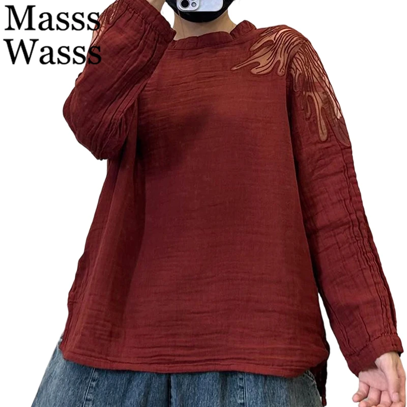 

Masss Wasss 2026 Chinese Clothes Womens Spring Embroidery Design Fashion Tshirts Ladies Classic Casual Loose Vintage Cotton Tops