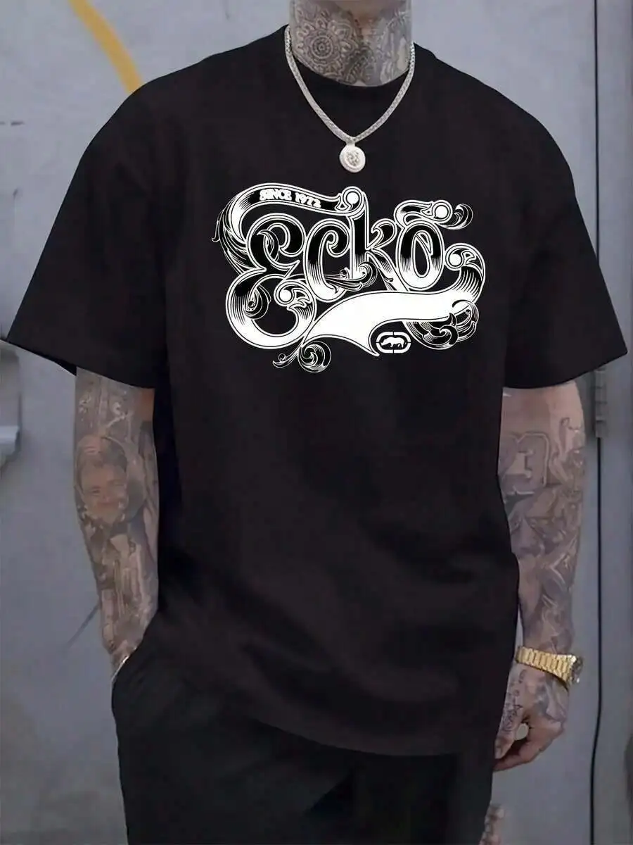 Men'S Casual Ecko Graphic Print T-Shirt - Black & White Artistic Design, Short Sleeve, Crew Neck, Summer Streetwear, Comfortable