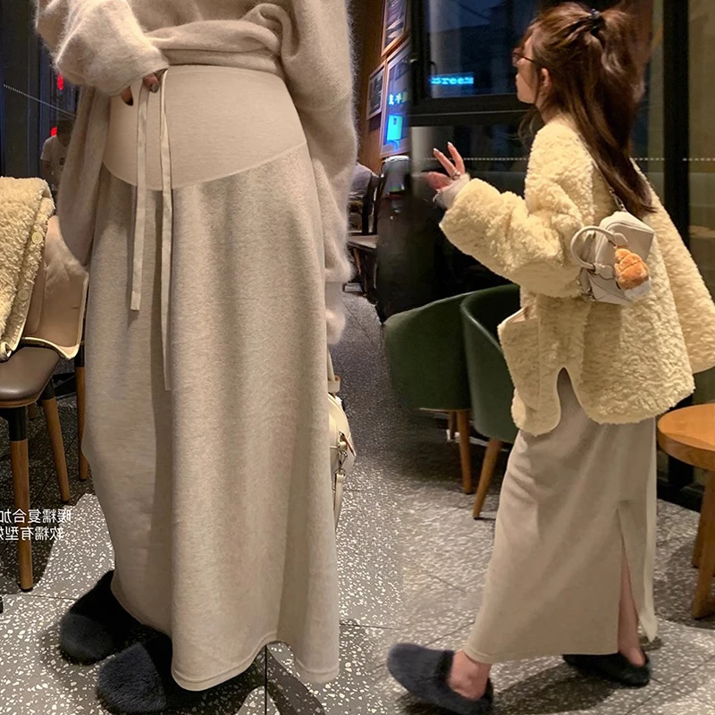 Korean Style Winter Long Loose Maternity Thick Warm Straight Skirts Drawstring Waist Pregnant Woman Long Woolen Skirt Back Split