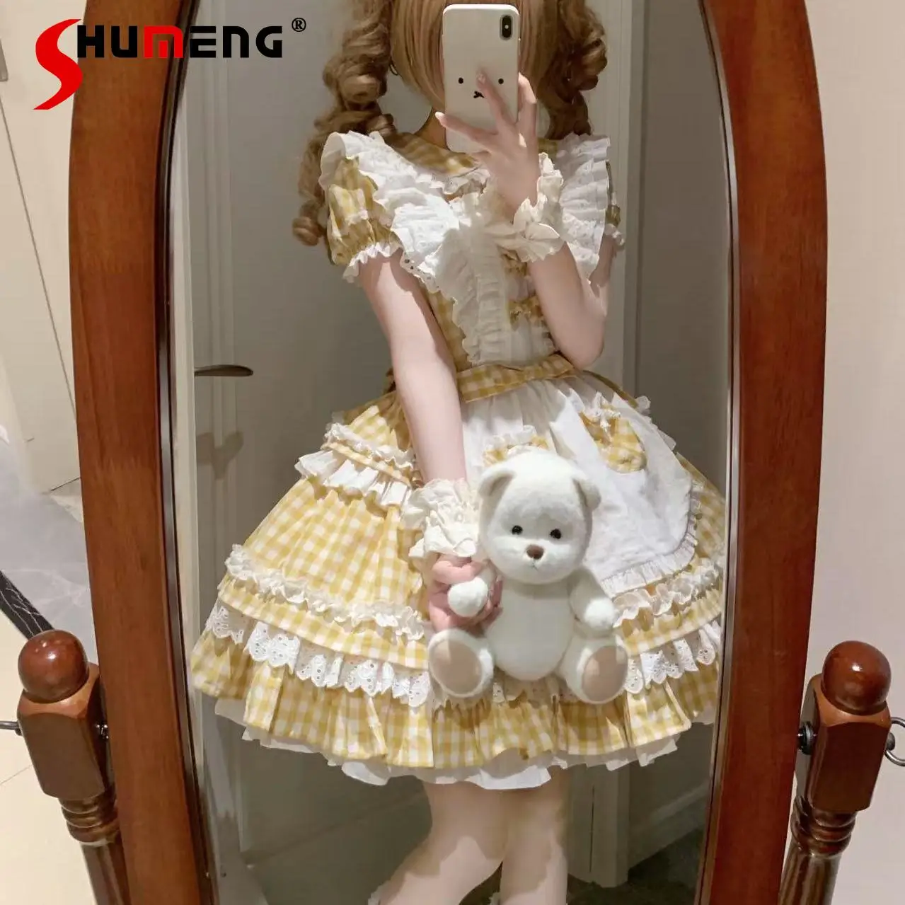 

Original Japanese Cute Girls Sweet Lolita Plaid Dresses OP Women's Slimming Elegant Birthday Dress Apron Set Cos Maid Outfit
