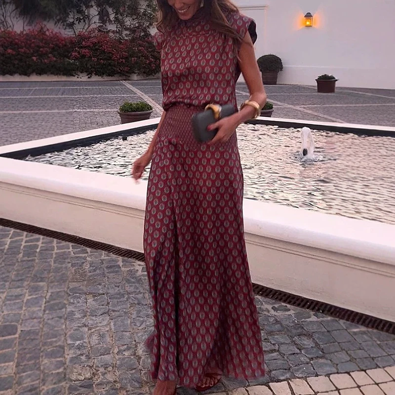 Elegant Temperament Vacation Outfit Casual Ribbon Sleeveless Top & Long Skirt Two Piece Set Retro Floral Print Satin Women Suit