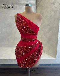 Luxury Full Of Beads Sequins Red Cocktail Dress Arabic One Shoulder Sleeveless Short Prom Dresses Mini Homecoming Party Gowns