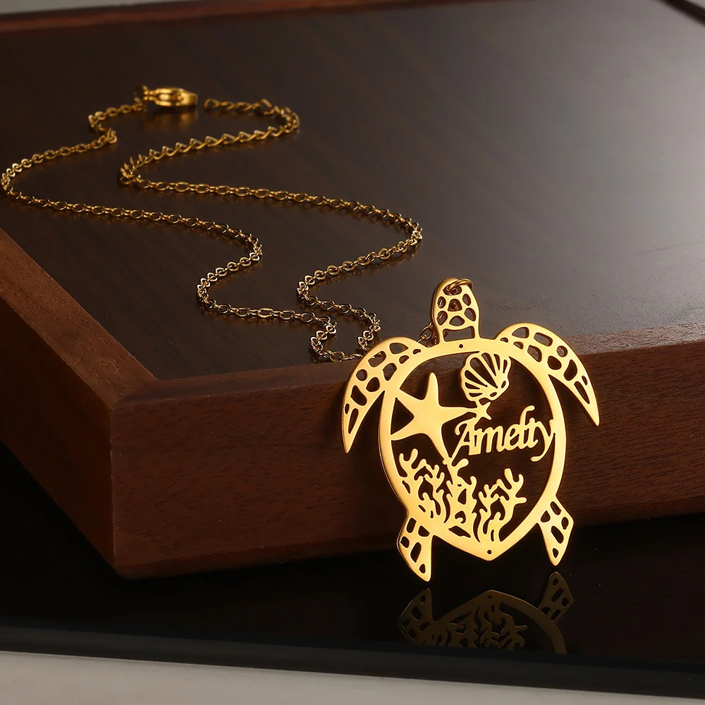 Custom Name Turtles Necklace for Women Fashion Personalized Name Collar Stainless steel Nameplate Choke Marine Creatures Jewelry