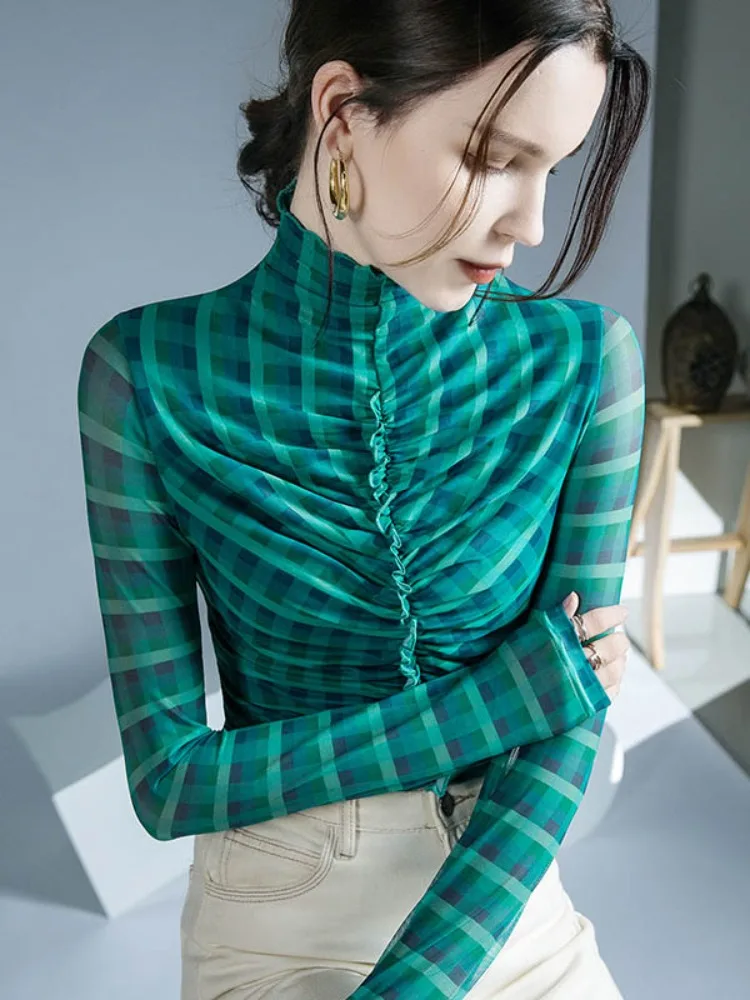 Bonboho Women's Aqua Green Grid High Neck Top Sheer Long Sleeves Slim T-shirt Pleated Front Elegant Undershirts 2026 New