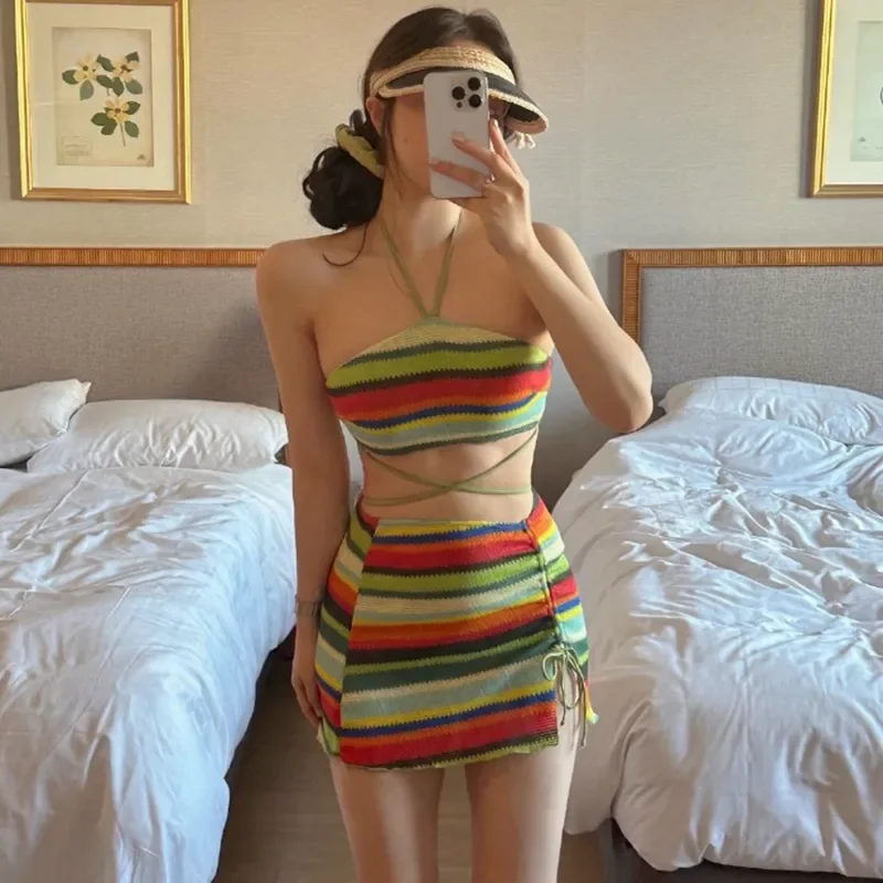 Women's Crochet Rainbow Striped Halter Bikini 3-Piece with Skirt Cover Up Swimwear for Vacation