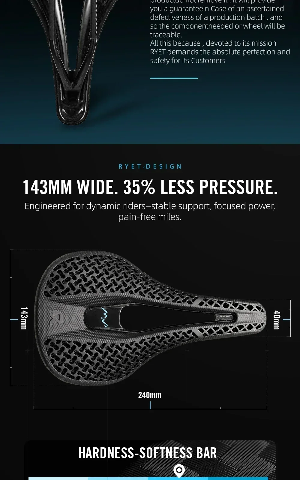 RYET X21 Vollcarbon-Fahrradsattel, 3D-gedruckt, 120-175g, ultraleichter, hochelastischer Schaumstoff, 7x9mm Schienen, Ausschnitt 240x140mm, für Rennrad, MTB, Gravel – Detail 3