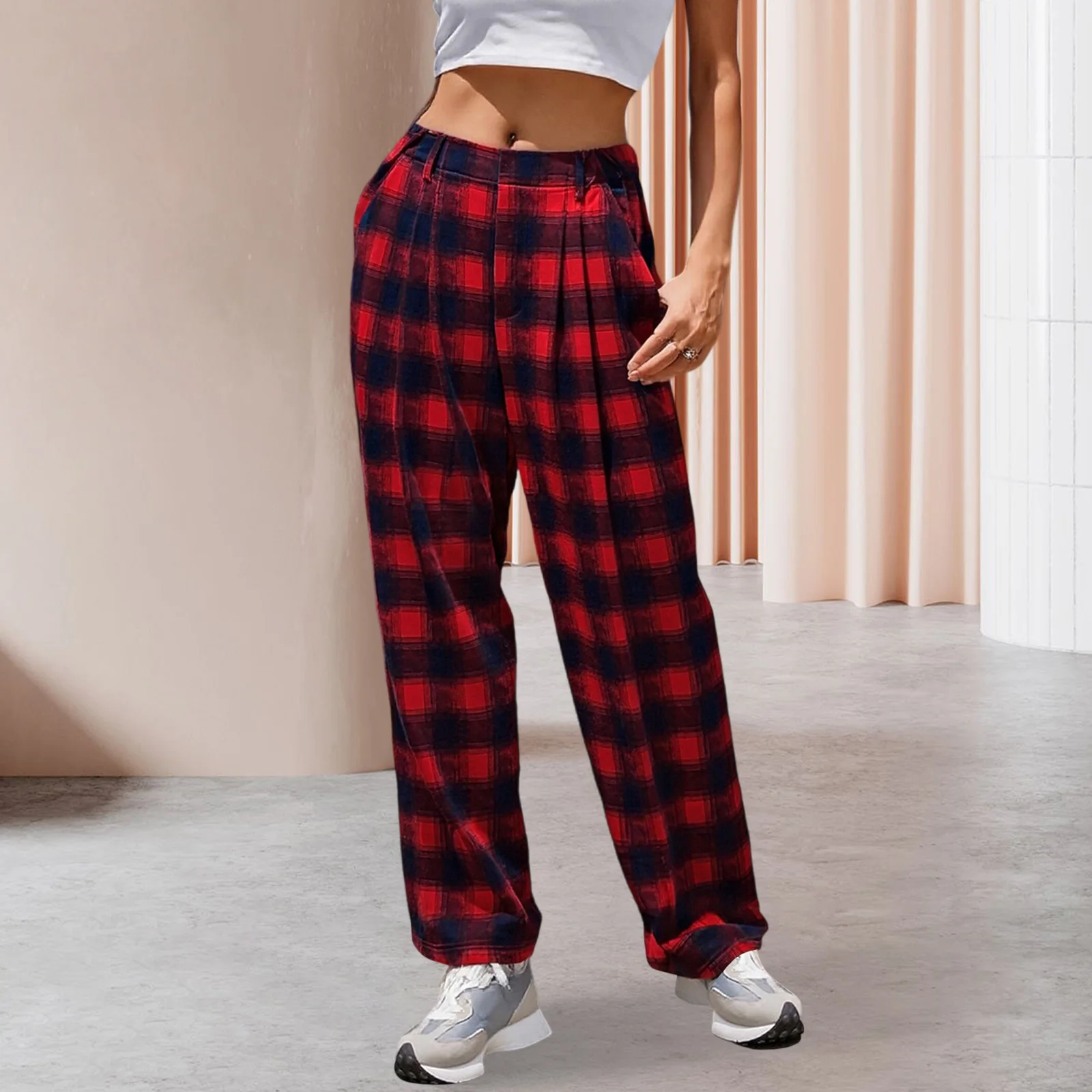 سراويل نسائية كاجوال واسعة الساق بخصر عالٍ منقوشة ومطبوعة بطيات أمامية سراويل فضفاضة