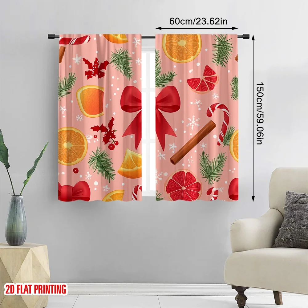2pcs,2D plane printing Light Filtering Curtains Christmas Bows Candy Cane Ornaments (4) 100% Polyester (without rod) All Seasons