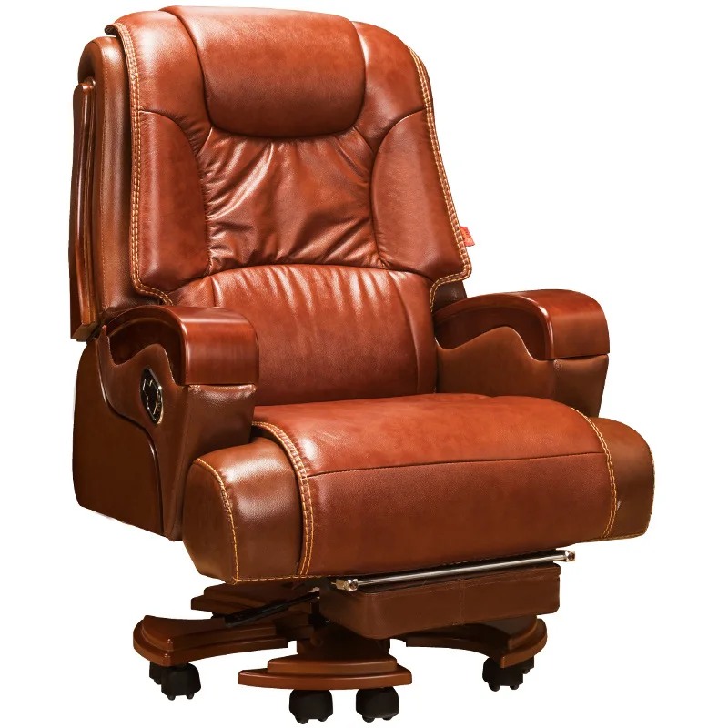 

Leather boss chair, solid wood president , office massage reclining chair