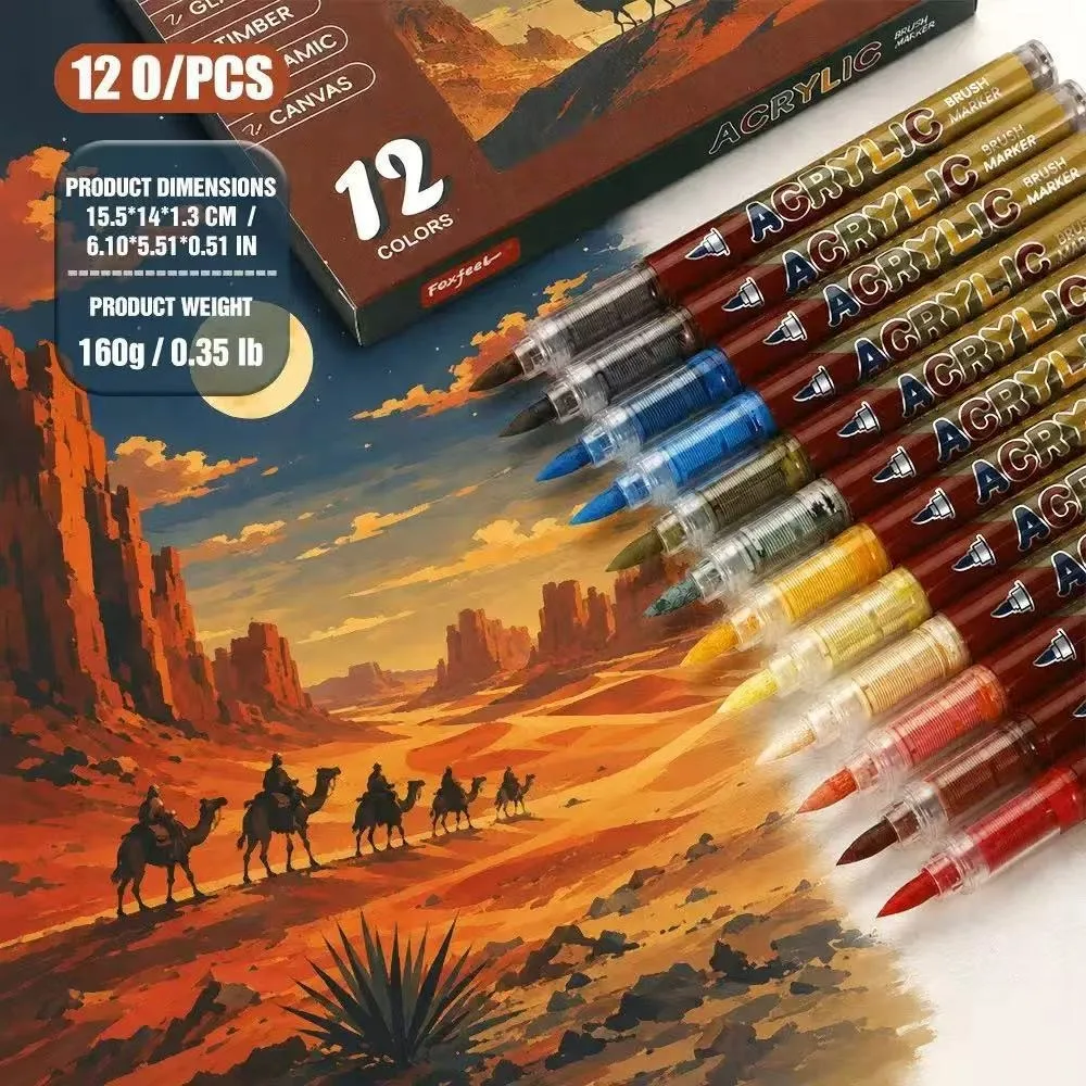 12Pcs Vintage Color Acrylic Paint Marker Pen Set Soft Brush Tip Direct‑liquid Acrylic Markers for Rock Stone Ceramic Stationery
