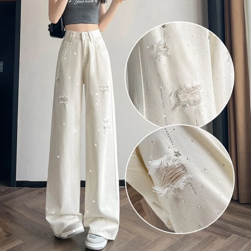Rhinestone Star Embellished Distressed Ripped Jeans for Women Cream White Fringe Destroyed Denim Pants