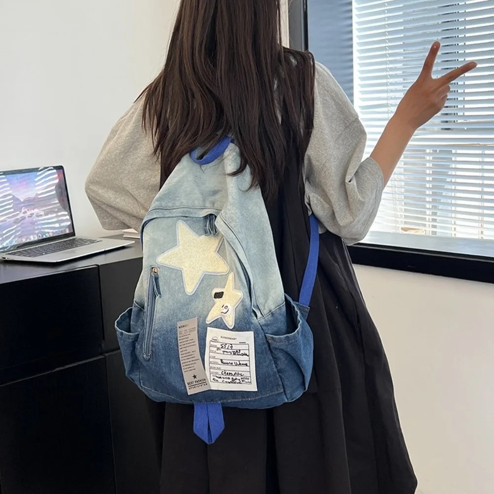 Fashion Large Capacity Denim Star Backpack Y2K All Match Double Shoulder Bag Unisex Star Pattern Students Backpack Outdoor