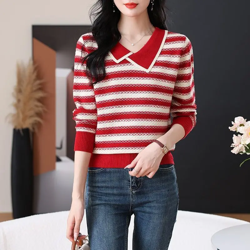 

Women's Clothing Peter Pan Collar Striped Sweaters Autumn/Winter New Long Sleeve Fashion Knit Pullover Lady V-neck Versatile Top