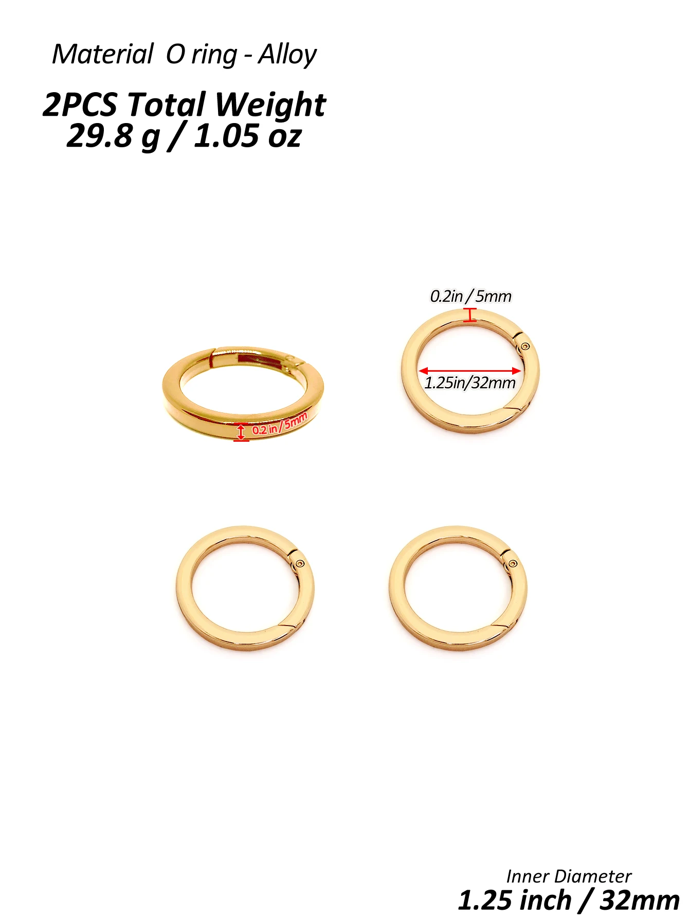 2 Stück dicker O-Ring für Geldbörsenriemen, Federringe, 1/1,25/1,5 Zoll Durchmesser, Handtaschen- und Schlüsselzubehörhalter, hellgold/silber – Detail 9